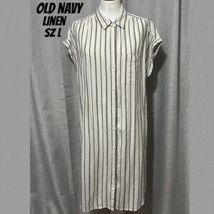 Old Navy-Sz L-Linen Button Front Dress-White & Black Stripes-